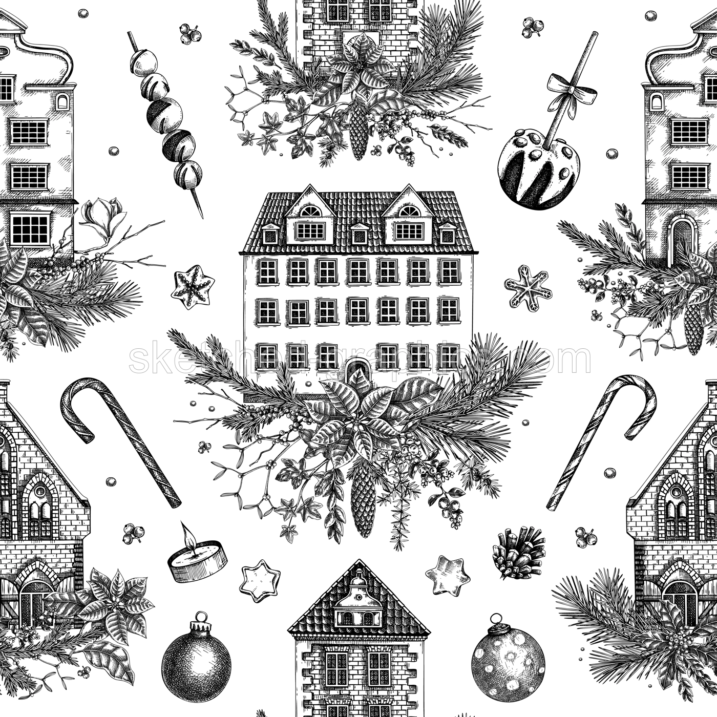 Christmas background. Architecture sketch. Vintage house seamless pattern. European winter hand-drawn vector illustration. NOT AI generated Illustration